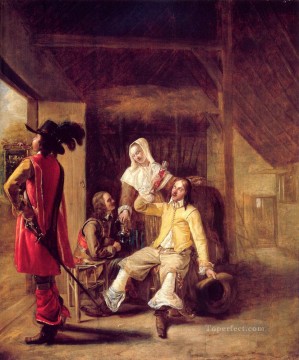 ピーテル・デ・ホーホ Painting - トランペッターのジャンルを持つ二人の兵士と奉仕の女性 ピーテル・デ・ホーホ